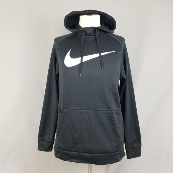 Nike Hoodie Sweatshirt Mens Medium Black Therma-Fit Swoosh Pullover Zip Pocket - Picture 1 of 15